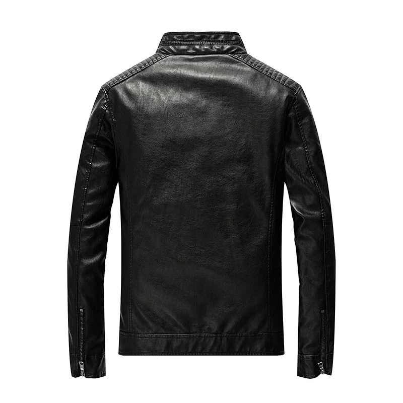 Herren Kunstleder-Motojacke mit Stehkragen, Schultersteppungen und Reißverschlusstaschen Drune