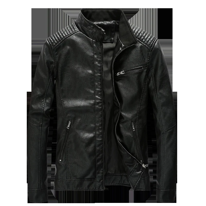 Herren Kunstleder-Motojacke mit Stehkragen, Schultersteppungen und Reißverschlusstaschen Drune