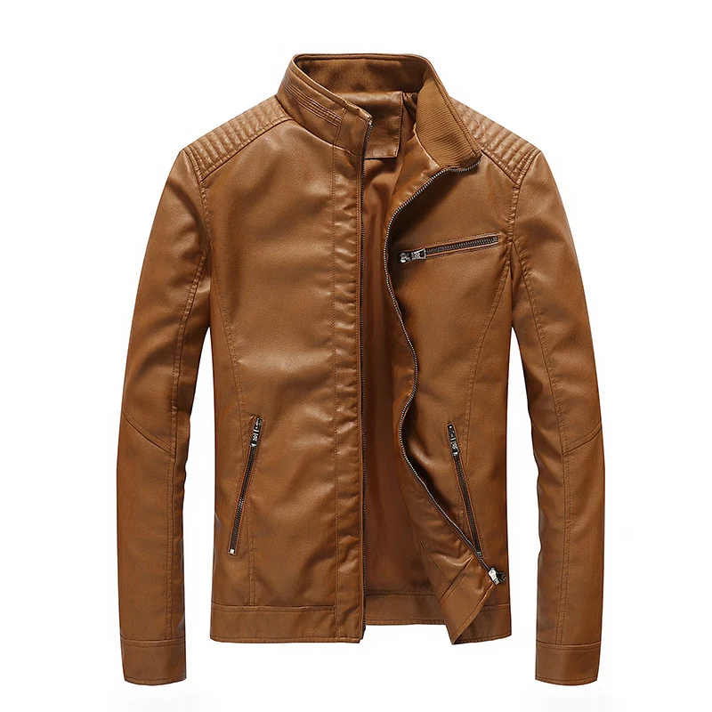 Herren Kunstleder-Motojacke mit Stehkragen, Schultersteppungen und Reißverschlusstaschen Drune