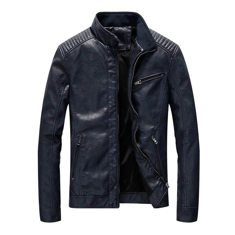 Herren Kunstleder-Motojacke mit Stehkragen, Schultersteppungen und Reißverschlusstaschen Drune