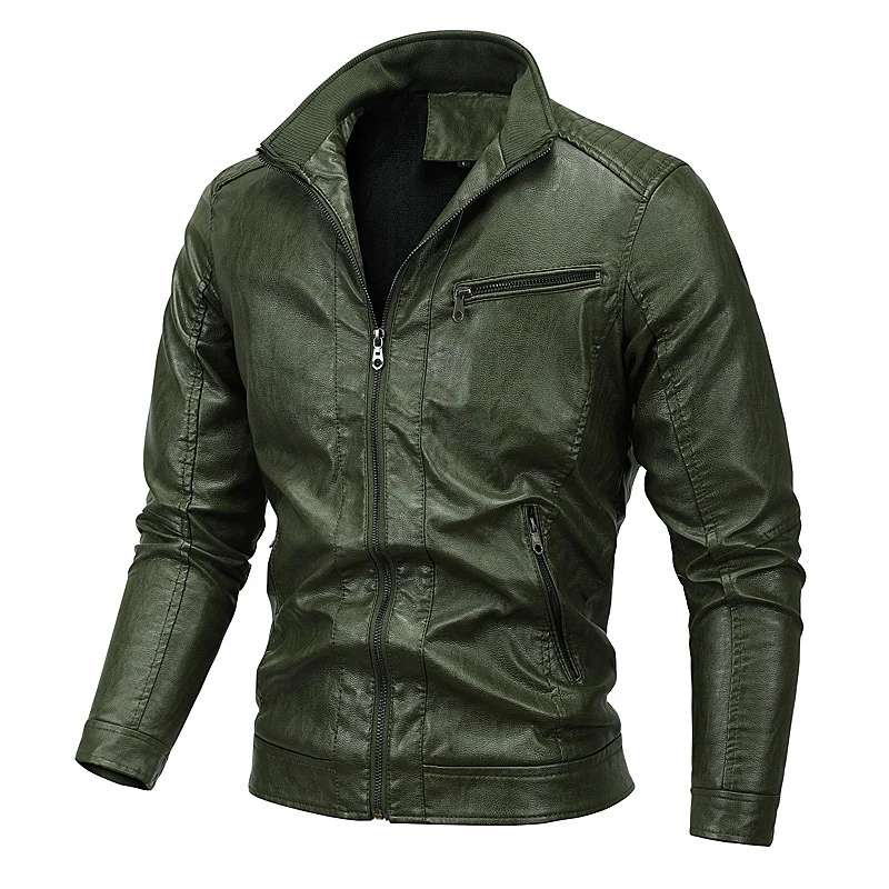 Herren Kunstleder-Motojacke mit Stehkragen, markanten Steppungen und Reißverschlusstaschen Drune