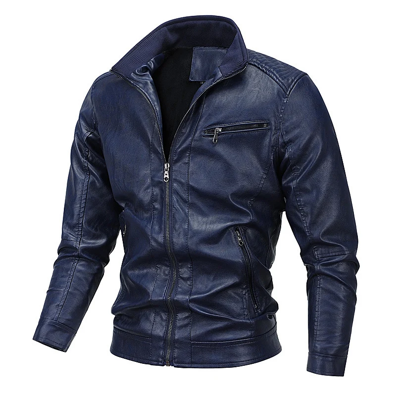 Herren Kunstleder-Motojacke mit Stehkragen, markanten Steppungen und Reißverschlusstaschen Drune