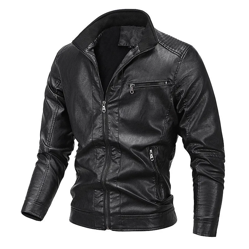 Herren Kunstleder-Motojacke mit Stehkragen, markanten Steppungen und Reißverschlusstaschen Drune