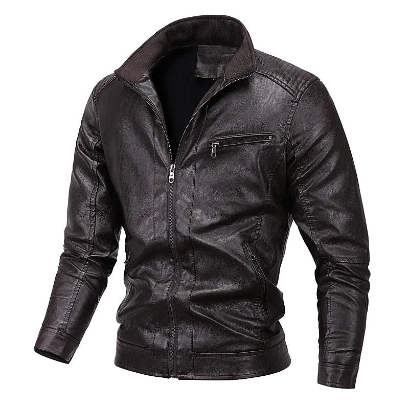 Herren Kunstleder-Motojacke mit Stehkragen, markanten Steppungen und Reißverschlusstaschen Drune