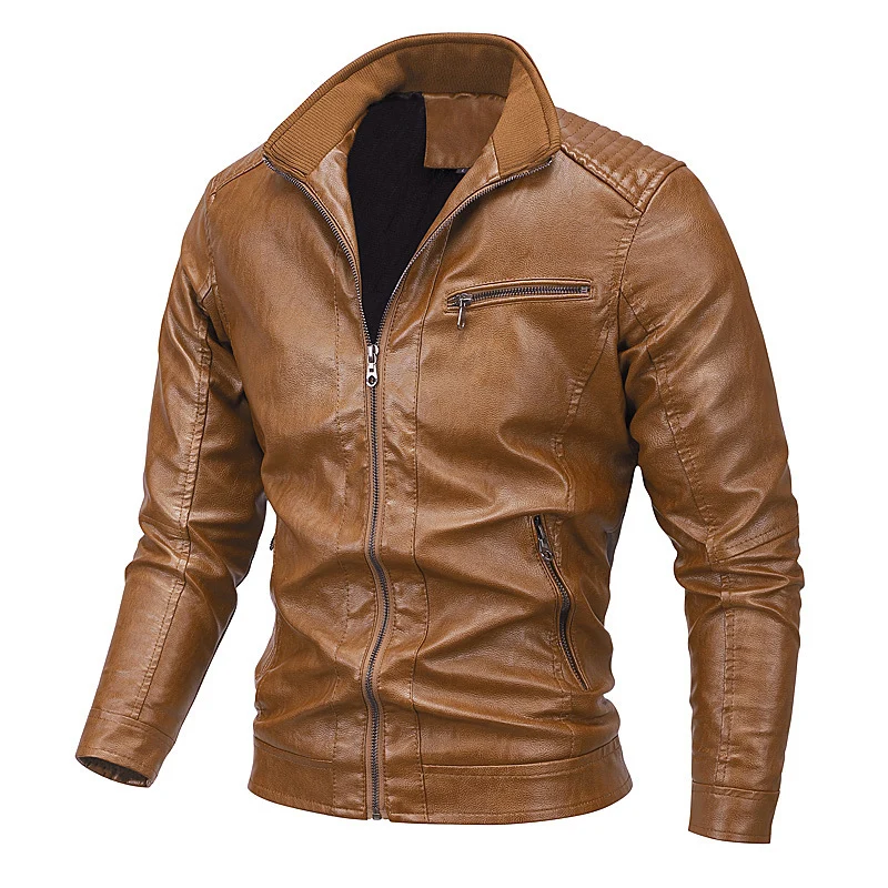 Herren Kunstleder-Motojacke mit Stehkragen, markanten Steppungen und Reißverschlusstaschen Drune