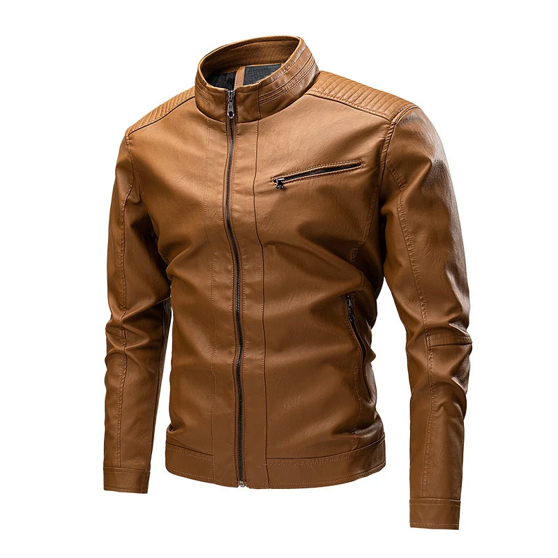 Herren Kunstleder‑Motojacke mit Stehkragen, gesteppter Schulterpasse und schmaler Silhouette Drune
