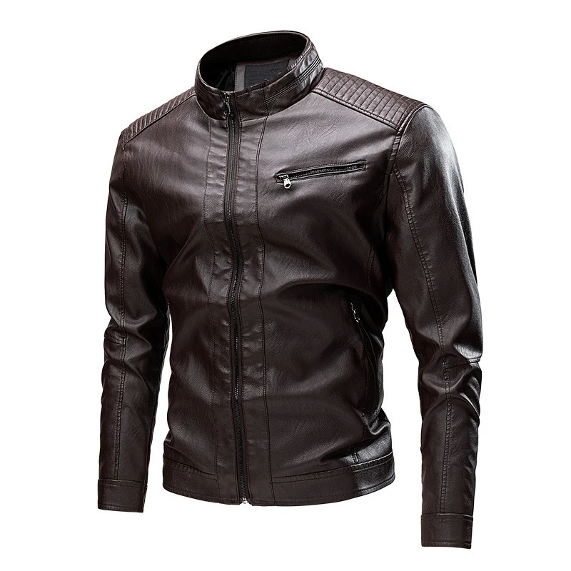 Herren Kunstleder‑Motojacke mit Stehkragen, gesteppter Schulterpasse und schmaler Silhouette Drune