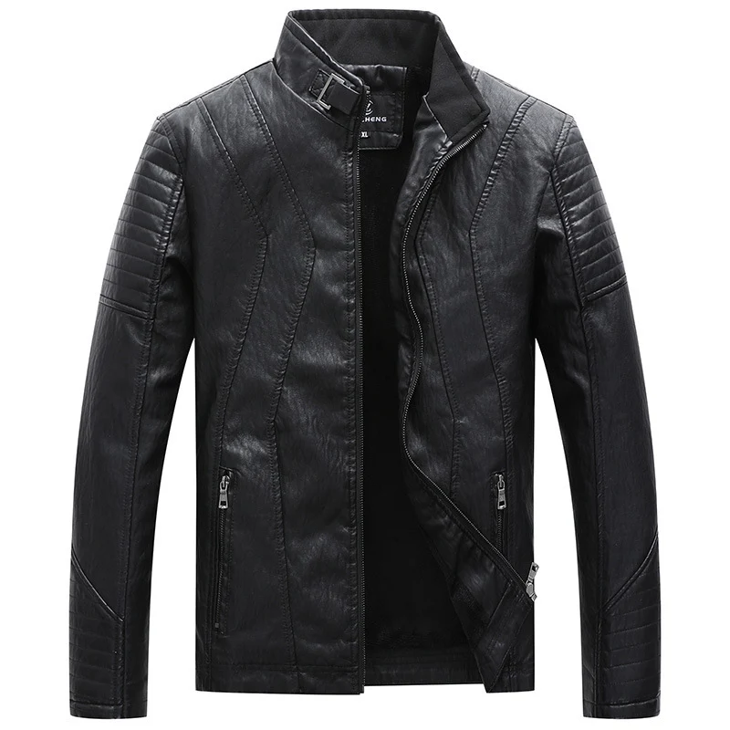Herren Kunstleder Motojacke mit geometrischen Steppnähten und Stehkragen Drune