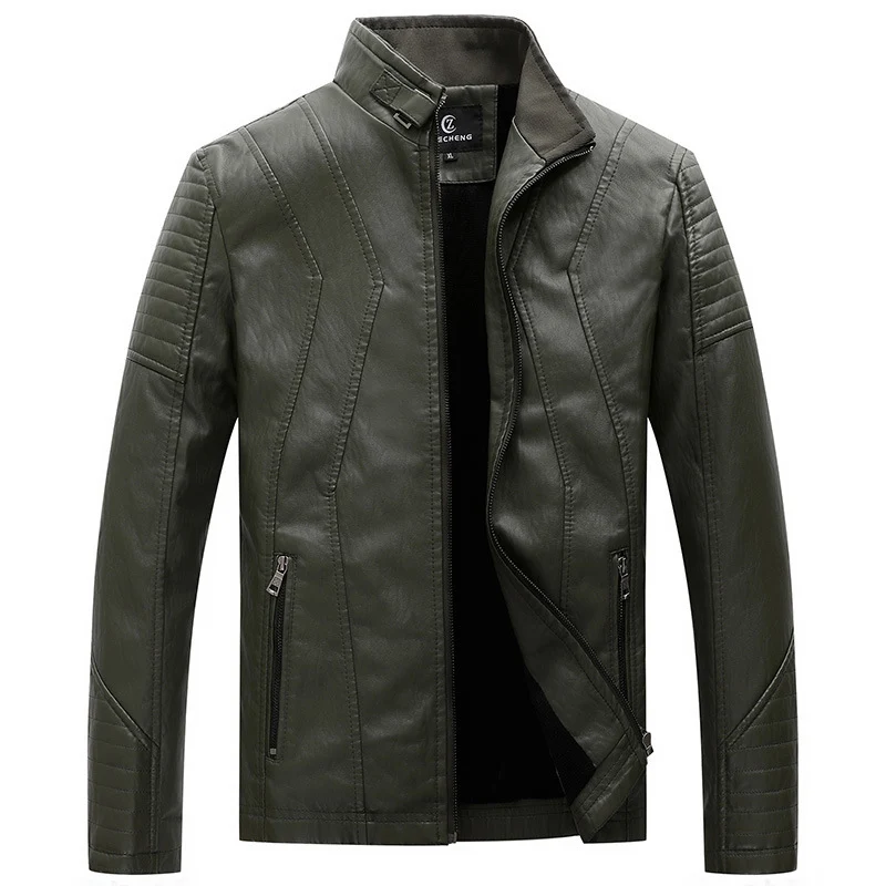 Herren Kunstleder Motojacke mit geometrischen Steppnähten und Stehkragen Drune