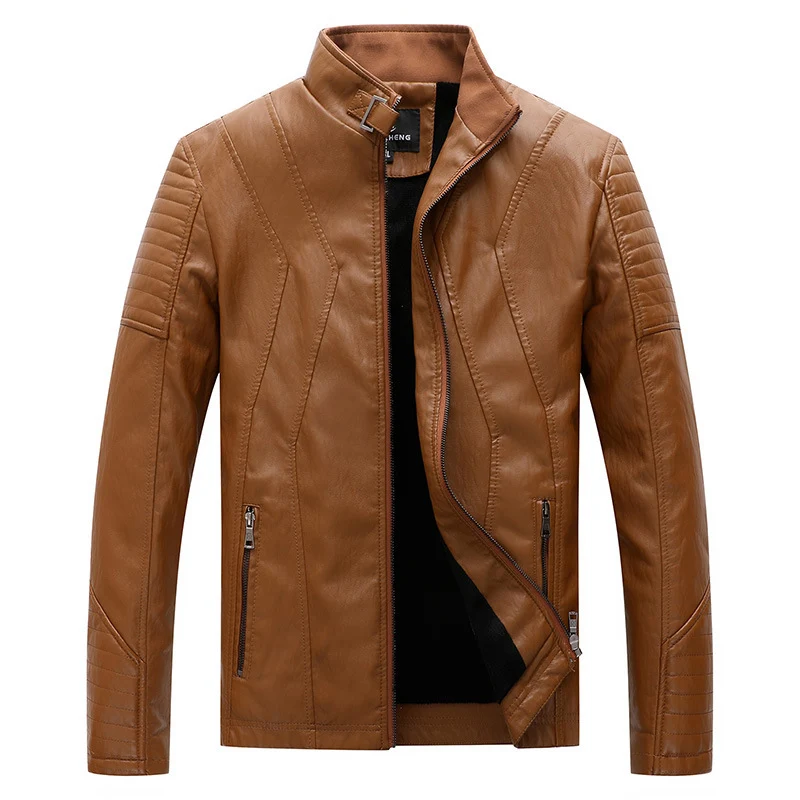 Herren Kunstleder Motojacke mit geometrischen Steppnähten und Stehkragen Drune