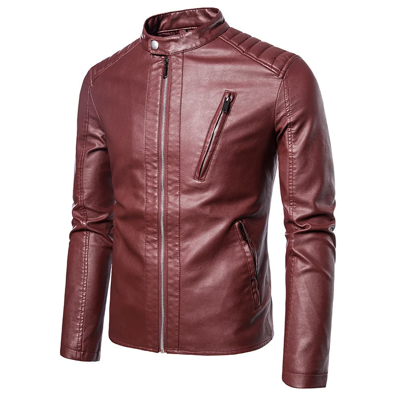 Herren Kunstleder‑Motojacke im Slim‑Fit mit Stehkragen und Reißverschluss Drune