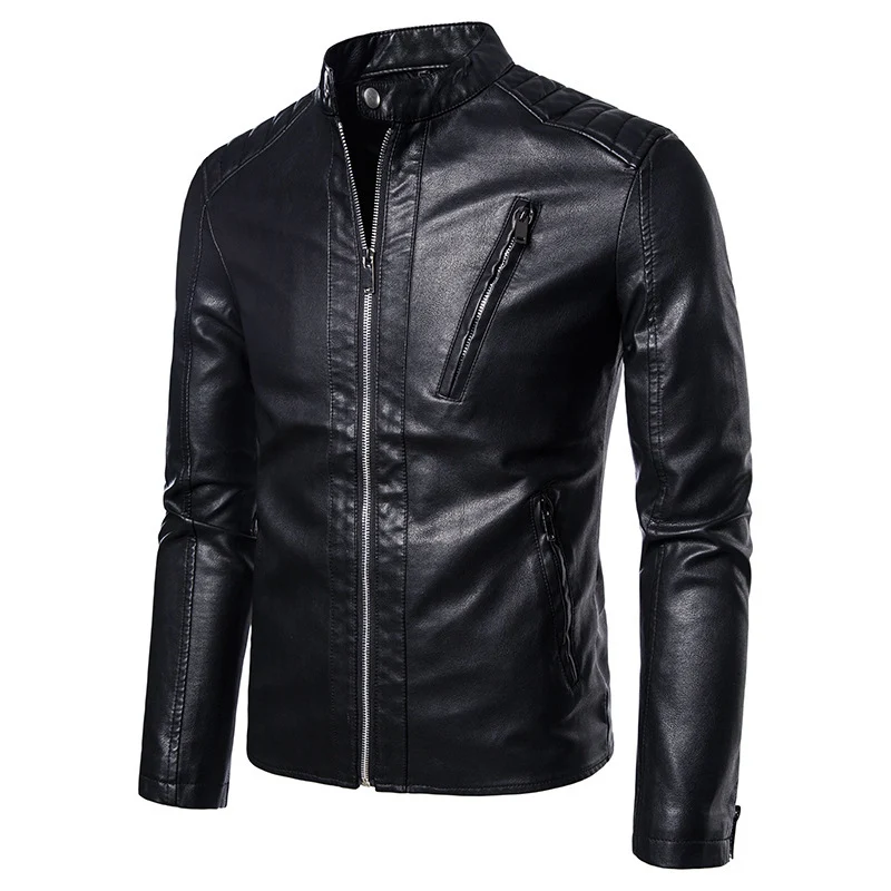Herren Kunstleder‑Motojacke im Slim‑Fit mit Stehkragen und Reißverschluss Drune