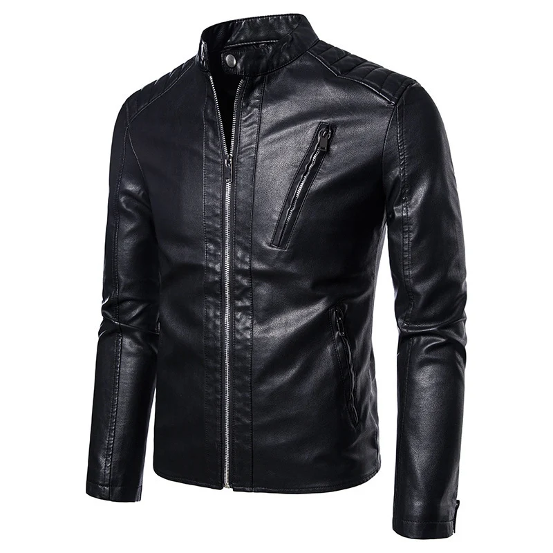 Herren Kunstleder‑Motojacke im Slim‑Fit mit Stehkragen und Reißverschluss Drune