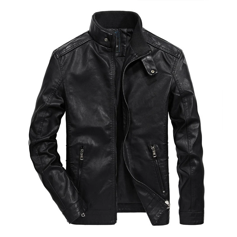 Herren Kunstleder‑Motojacke im Slim‑Fit mit hochschließendem Stehkragen und diagonalem Brustzip Drune