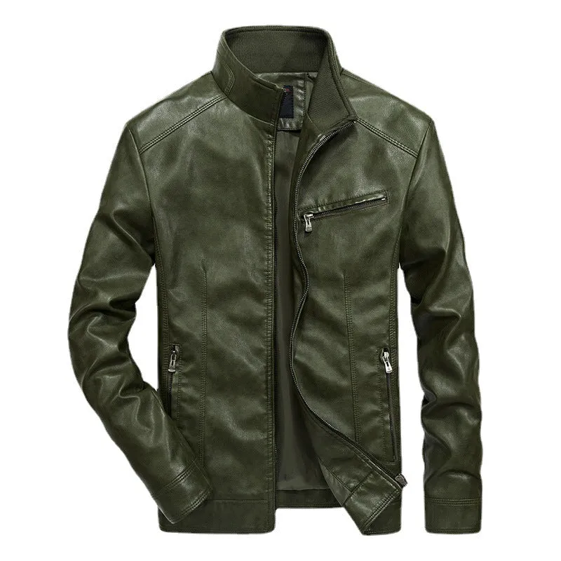 Herren Kunstleder‑Motojacke im Slim‑Fit mit hochschließendem Stehkragen und diagonalem Brustzip Drune