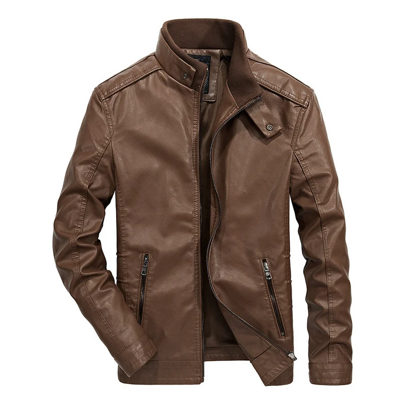 Herren Kunstleder‑Motojacke im Slim‑Fit mit hochschließendem Stehkragen und diagonalem Brustzip Drune