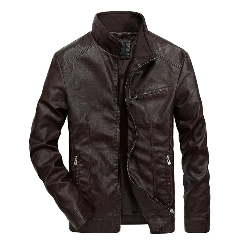 Herren Kunstleder‑Motojacke im Slim‑Fit mit hochschließendem Stehkragen und diagonalem Brustzip Drune