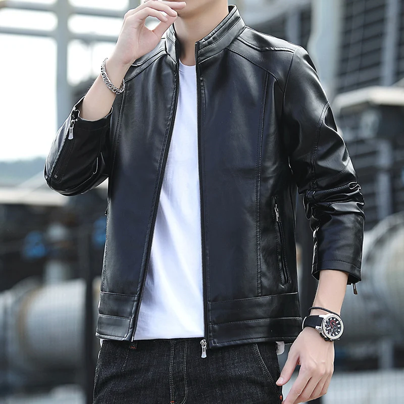 Herren Kunstleder‑Motojacke im Slim-Aviator-Cut mit hohem Stehkragen und Reißverschlussärmeln Drune