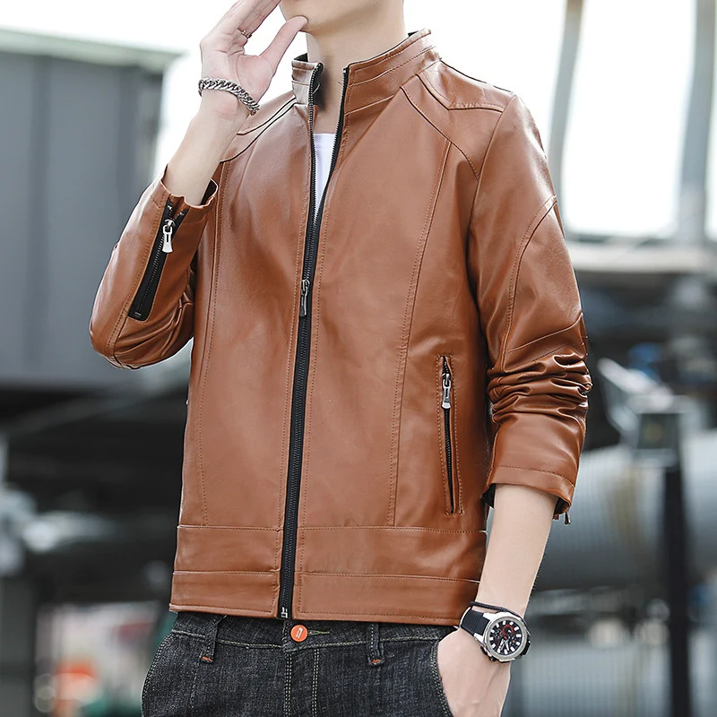 Herren Kunstleder‑Motojacke im Slim-Aviator-Cut mit hohem Stehkragen und Reißverschlussärmeln Drune