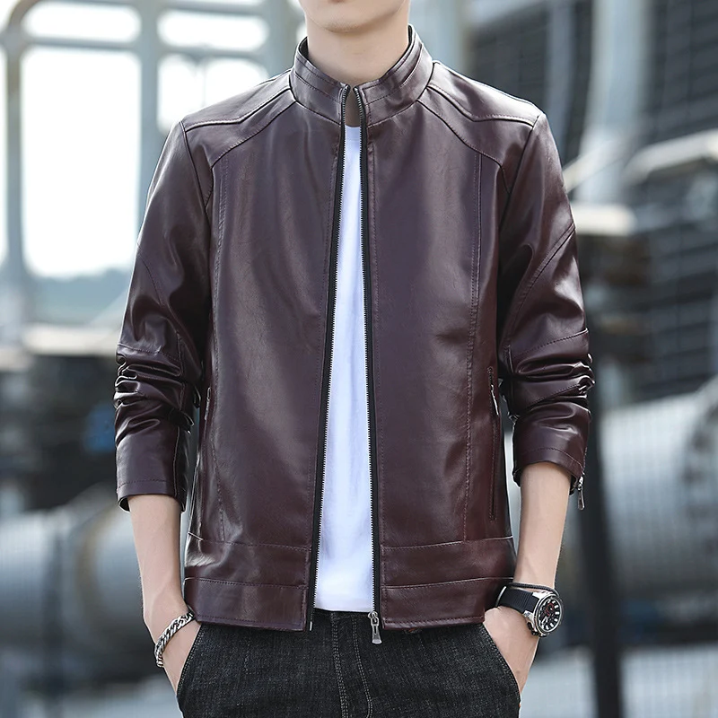 Herren Kunstleder‑Motojacke im Slim-Aviator-Cut mit hohem Stehkragen und Reißverschlussärmeln Drune