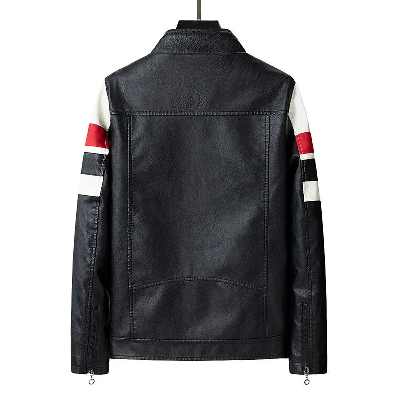 Herren Kunstleder‑Motojacke im Racing‑Stil mit Stehkragen und Zierstreifen Drune