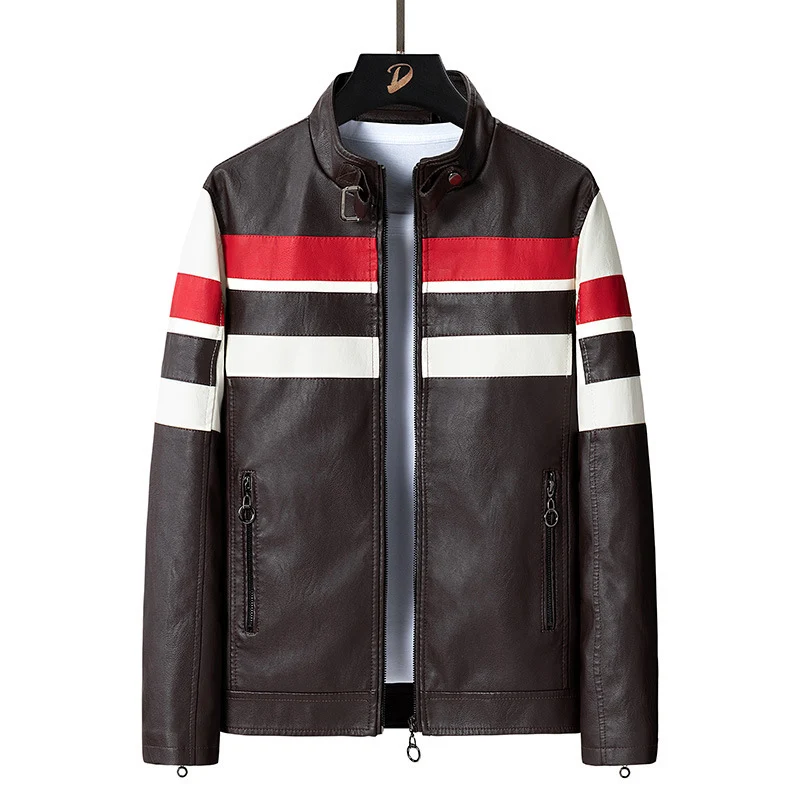 Herren Kunstleder‑Motojacke im Racing‑Stil mit Stehkragen und Zierstreifen Drune