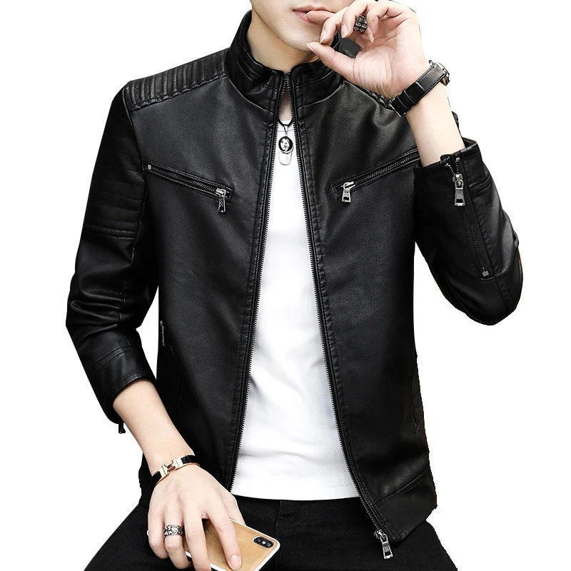 Herren Kunstleder‑Motojacke im Racer‑Look mit gesteppter Schulterpasse, Stehkragen und Zipperdetails Drune