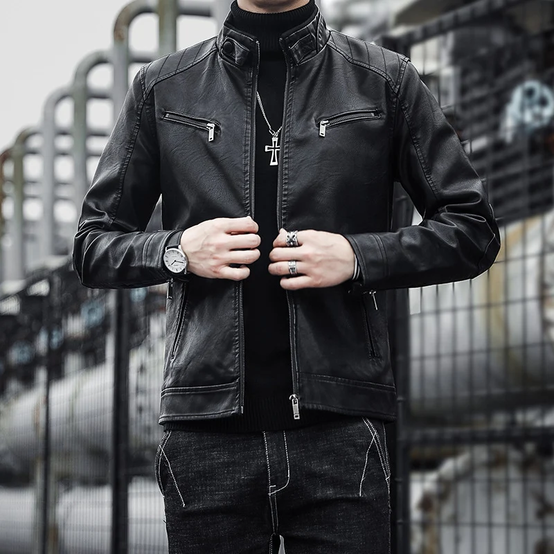 Herren Kunstleder-Motojacke im Aviator‑Stil mit Stehkragen und funktionalen Reißverschlüssen Drune