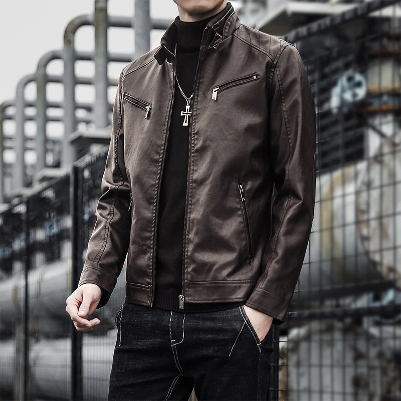 Herren Kunstleder-Motojacke im Aviator‑Stil mit Stehkragen und funktionalen Reißverschlüssen Drune