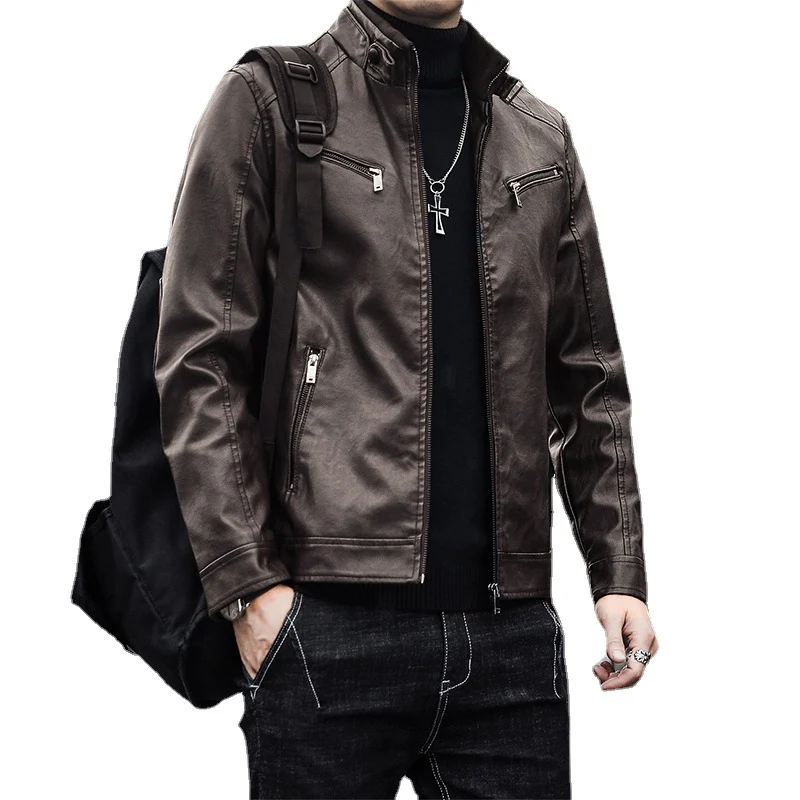 Herren Kunstleder-Motojacke im Aviator‑Stil mit Stehkragen und funktionalen Reißverschlüssen Drune