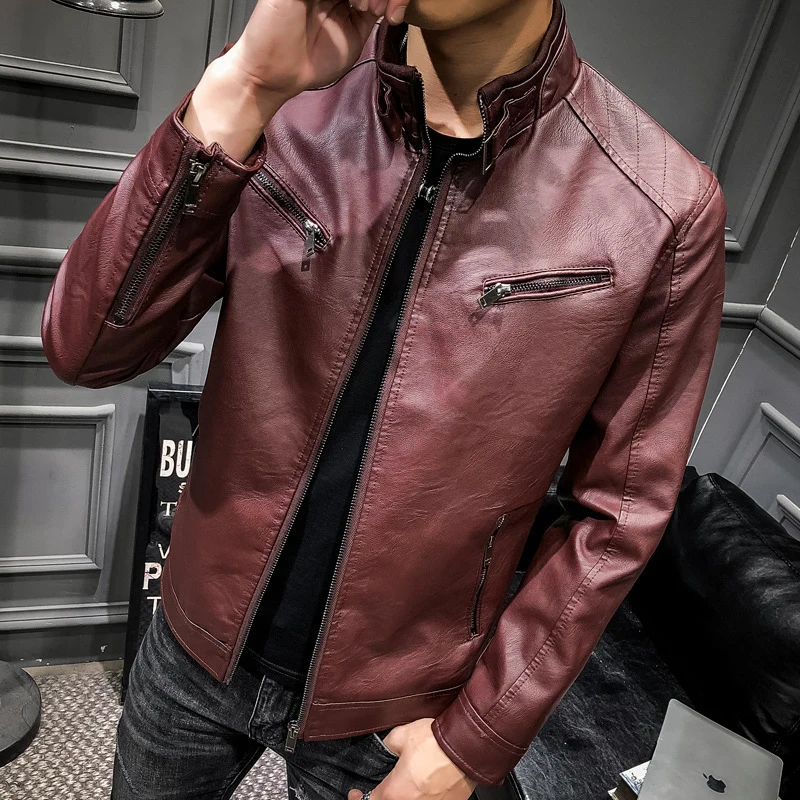 Herren Kunstleder-Motojacke im Aviator‑Stil mit Stehkragen und funktionalen Reißverschlüssen Drune