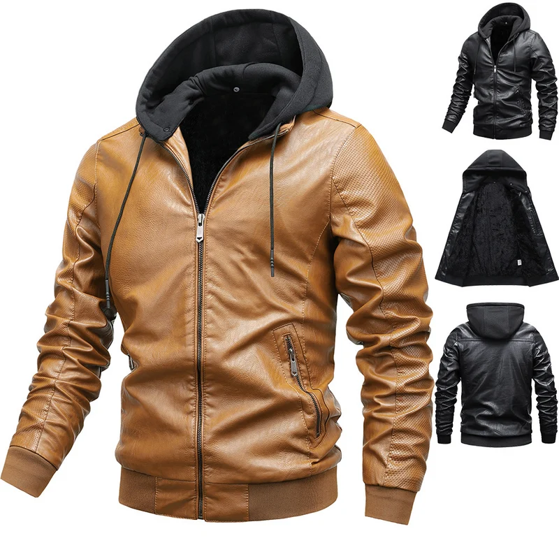 Herren Kunstleder-Hoodie-Bomber mit Teddyfutter, perforierten Ärmeln und Rippenbündchen Drune