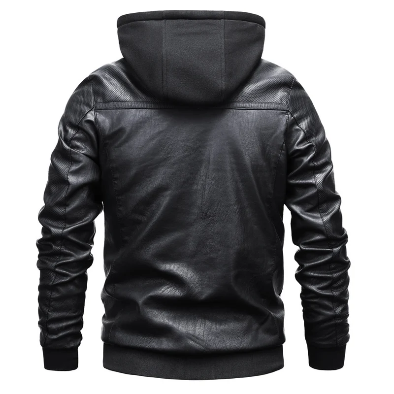 Herren Kunstleder-Hoodie-Bomber mit Teddyfutter, perforierten Ärmeln und Rippenbündchen Drune