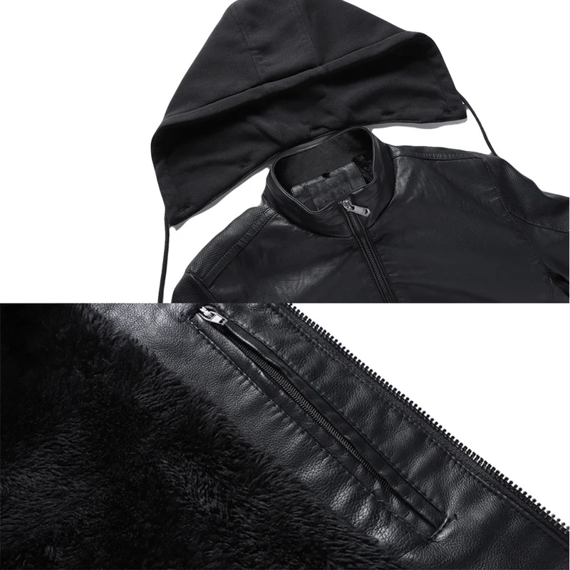 Herren Kunstleder-Hoodie-Bomber mit Teddyfutter, perforierten Ärmeln und Rippenbündchen Drune