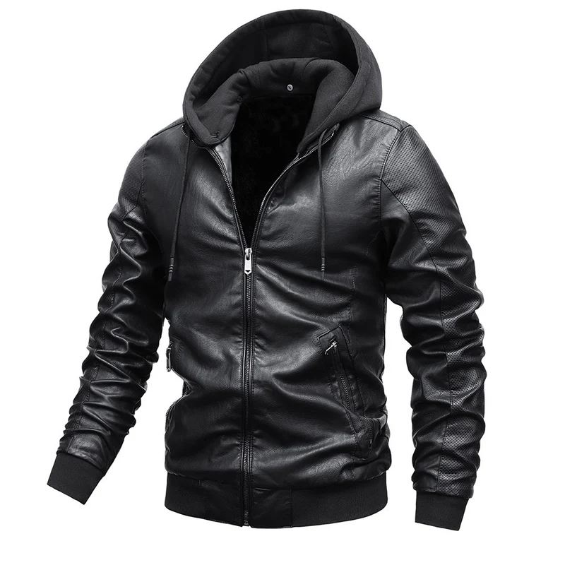 Herren Kunstleder-Hoodie-Bomber mit Teddyfutter, perforierten Ärmeln und Rippenbündchen Drune