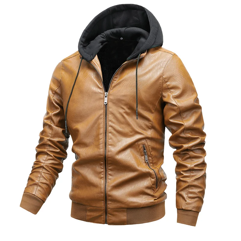 Herren Kunstleder-Hoodie-Bomber mit Teddyfutter, perforierten Ärmeln und Rippenbündchen Drune