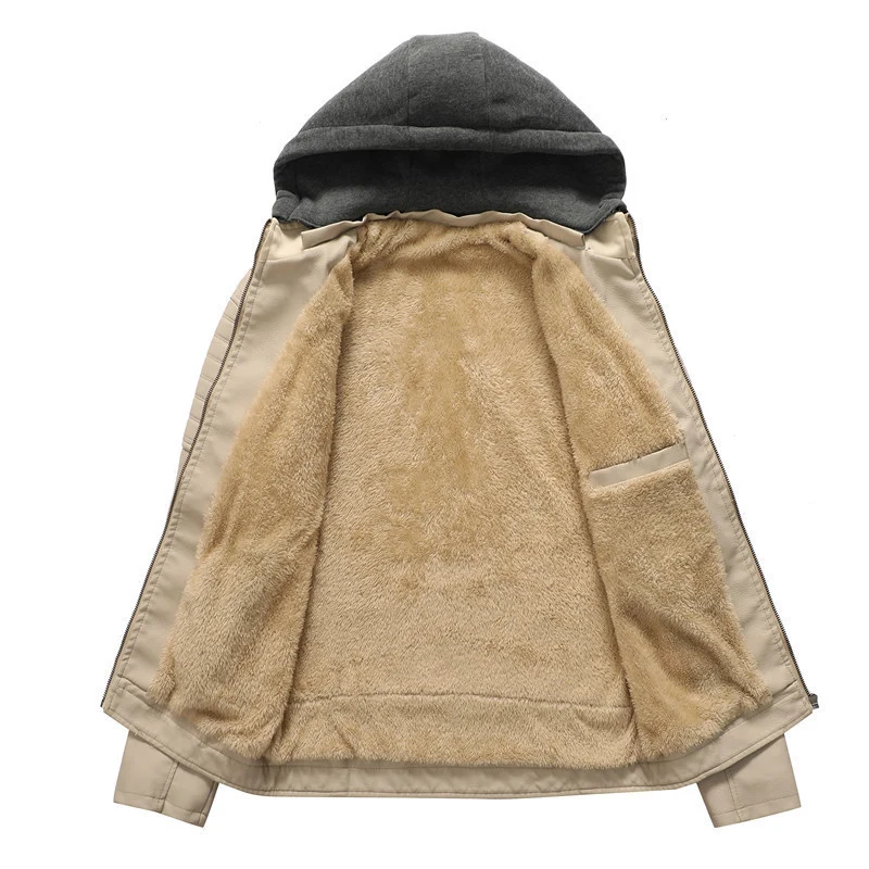 Herren Kunstleder-Hoodie-Blouson mit Teddyfutter, gesteppter Ärmelpasse und Kapuzenlayer Drune