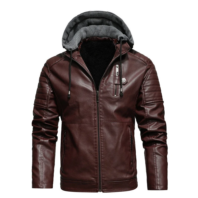 Herren Kunstleder-Hoodie-Blouson mit Teddyfutter, gesteppter Ärmelpasse und Kapuzenlayer Drune