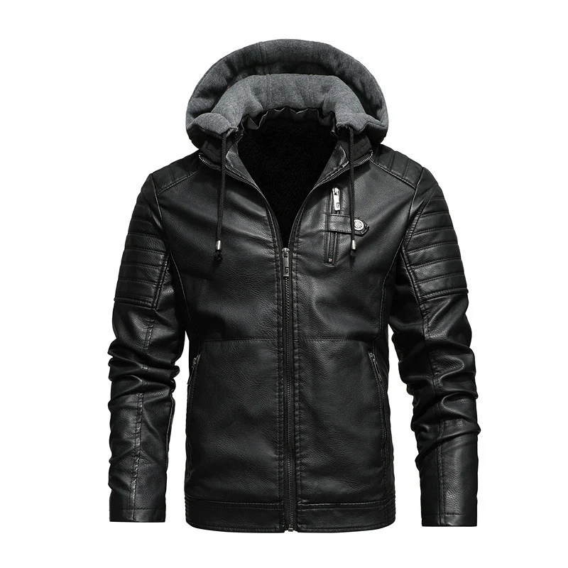 Herren Kunstleder-Hoodie-Blouson mit Teddyfutter, gesteppter Ärmelpasse und Kapuzenlayer Drune