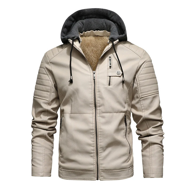 Herren Kunstleder-Hoodie-Blouson mit Teddyfutter, gesteppter Ärmelpasse und Kapuzenlayer Drune