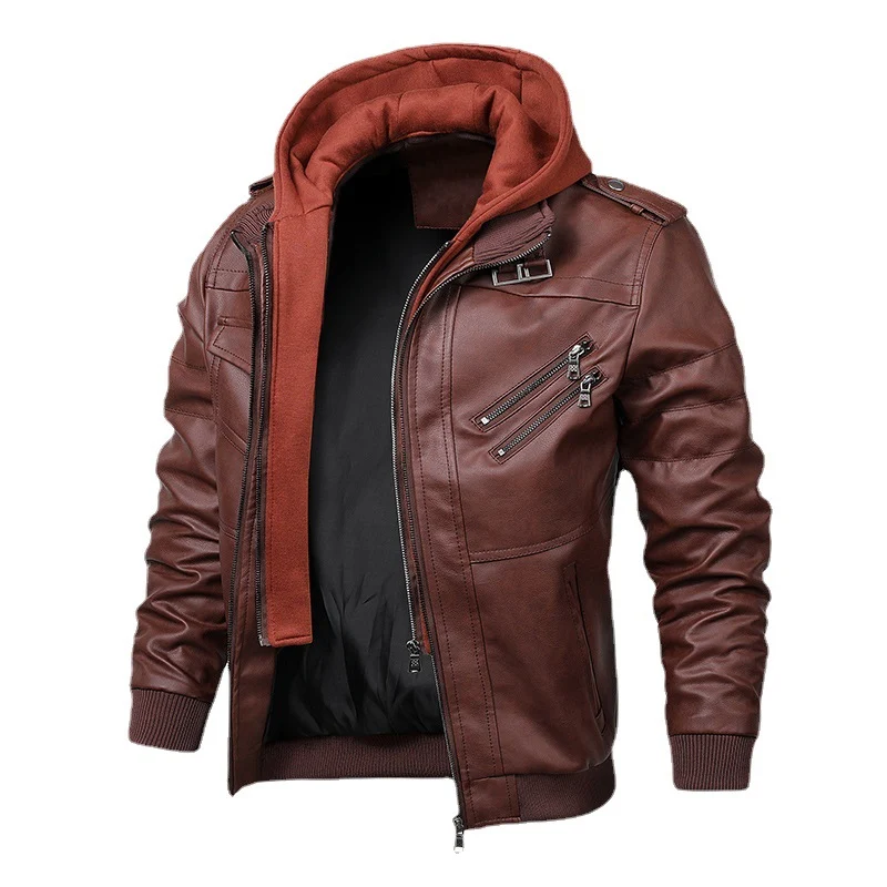 Herren Kunstleder-Flightblouson mit integriertem Kapuzenlayer, Reißverschluss-Brusttasche und Rippbündchen Drune