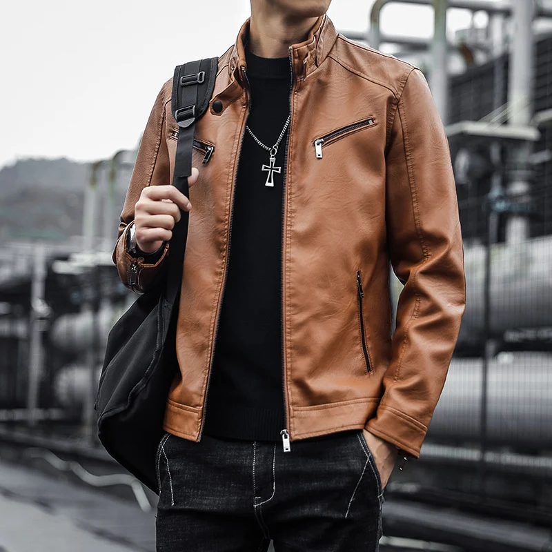 Herren Kunstleder-Fliegerblouson mit Stehkragen und Reißverschlusstaschen Drune