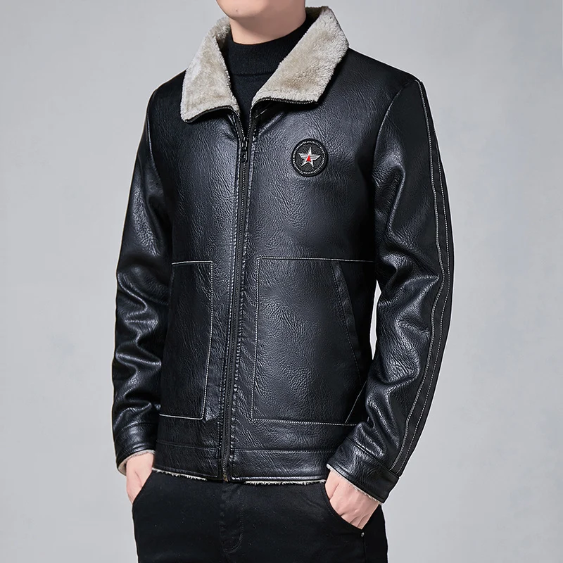 Herren Kunstleder-Fliegerblouson mit durchgehendem Sherpa-Futter und hohem Stehkragen Drune