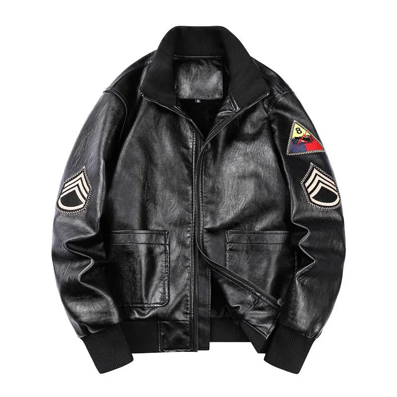 Herren Kunstleder‑Fliegerblouson im Vintage‑Utility‑Stil mit Patches und Rippbündchen Drune