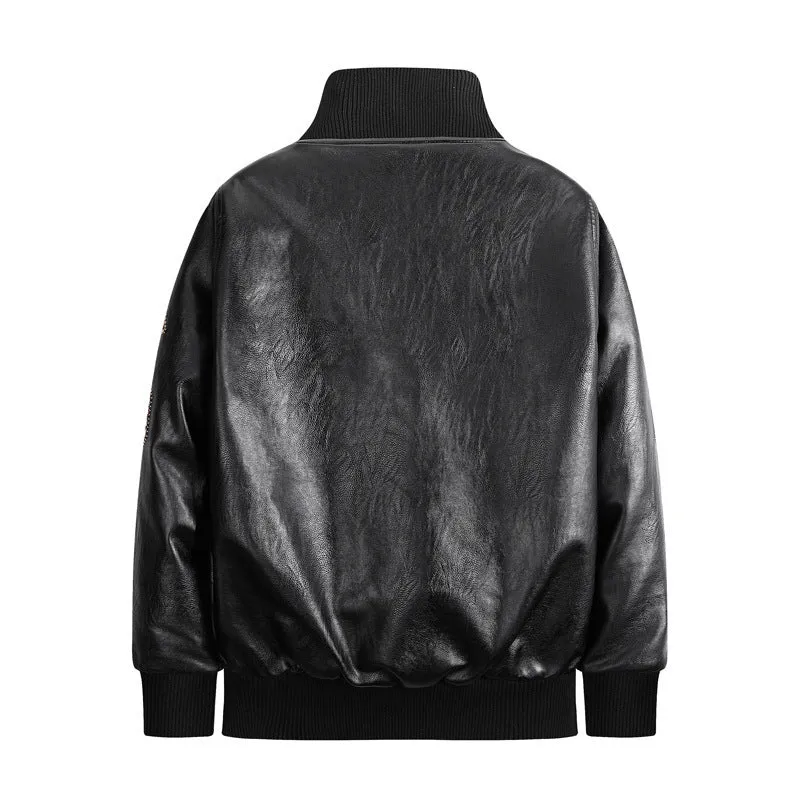 Herren Kunstleder‑Fliegerblouson im Vintage‑Utility‑Stil mit Patches und Rippbündchen Drune