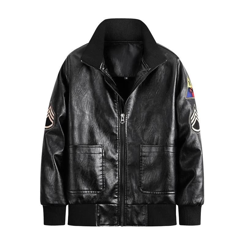 Herren Kunstleder‑Fliegerblouson im Vintage‑Utility‑Stil mit Patches und Rippbündchen Drune