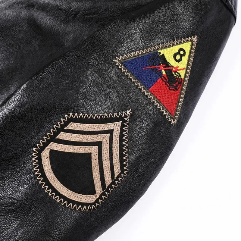 Herren Kunstleder‑Fliegerblouson im Vintage‑Utility‑Stil mit Patches und Rippbündchen Drune