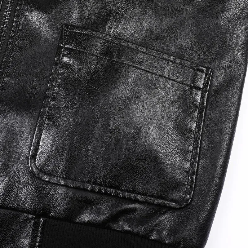 Herren Kunstleder‑Fliegerblouson im Vintage‑Utility‑Stil mit Patches und Rippbündchen Drune