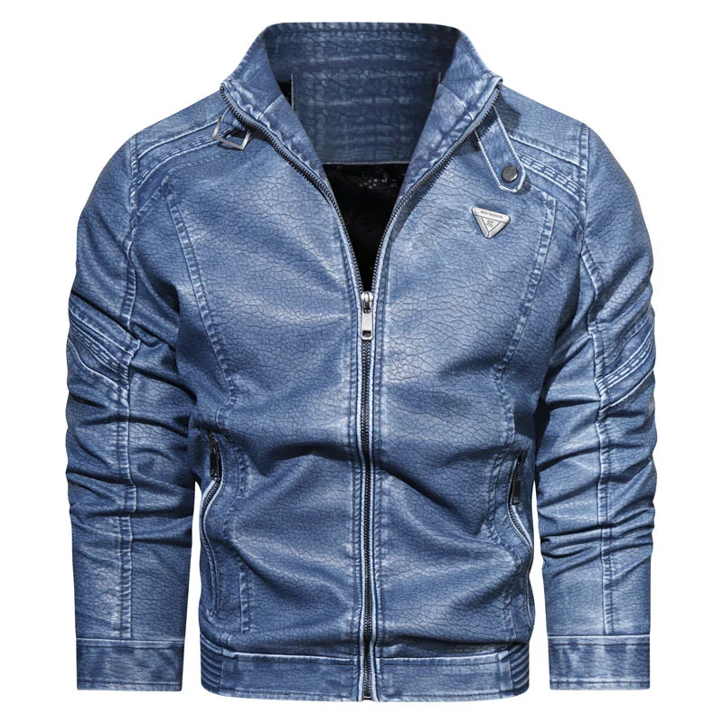 Herren Kunstleder‑Fliegerblouson im Used‑Denim‑Look mit Stehkragen und Reißverschlusstaschen Drune