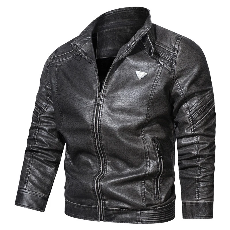 Herren Kunstleder‑Fliegerblouson im Used‑Denim‑Look mit Stehkragen und Reißverschlusstaschen Drune